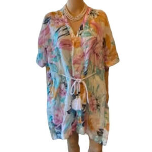 C&C California 100% Linen Floral Boho Beachy Cover Up Top  Women Oversized S-XL